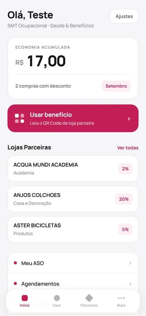 Tela inicial do app SMT Saúde e Benefícios