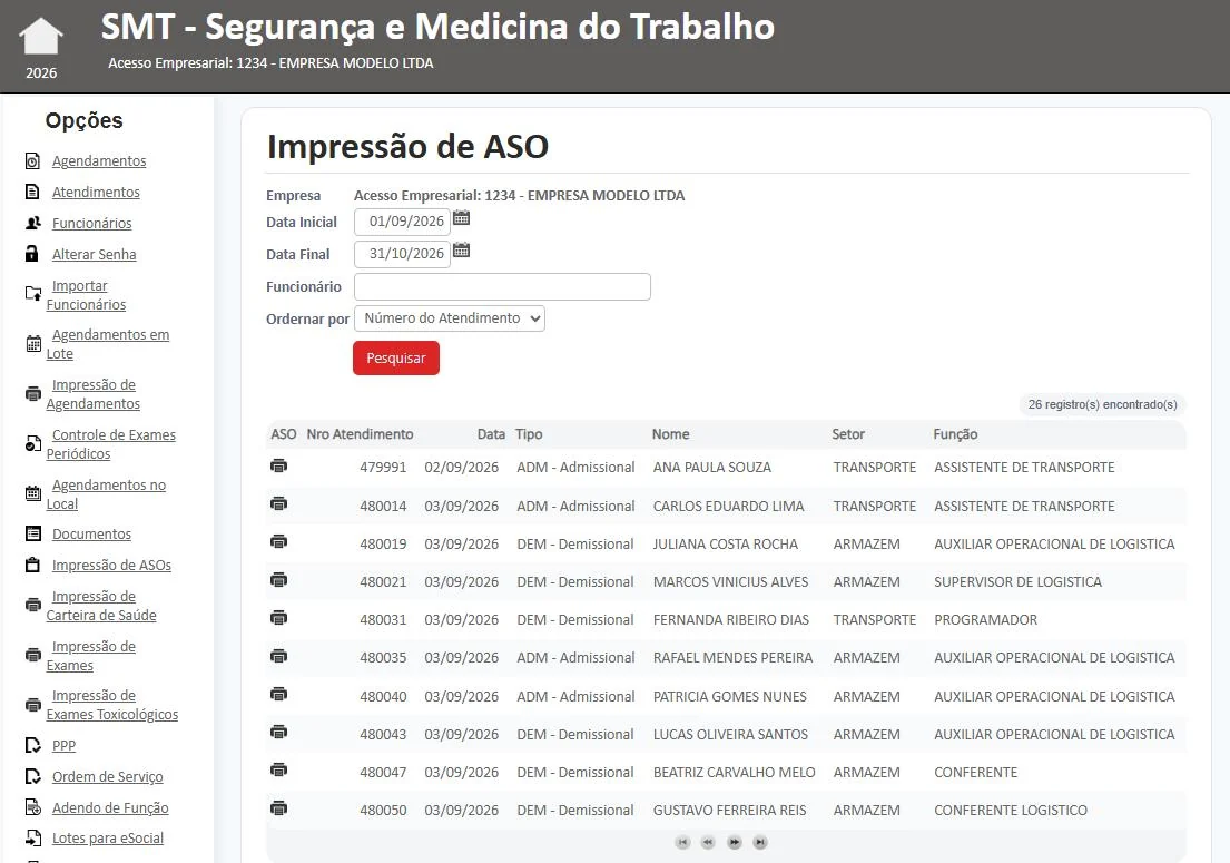 Impressão de ASO com a lista de atendimentos do período