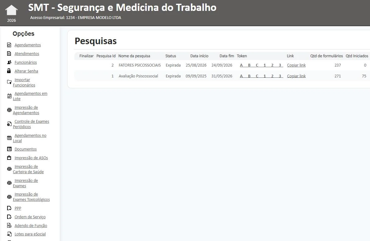Pesquisas de fatores psicossociais com link e quantidade de formulários iniciados e finalizados